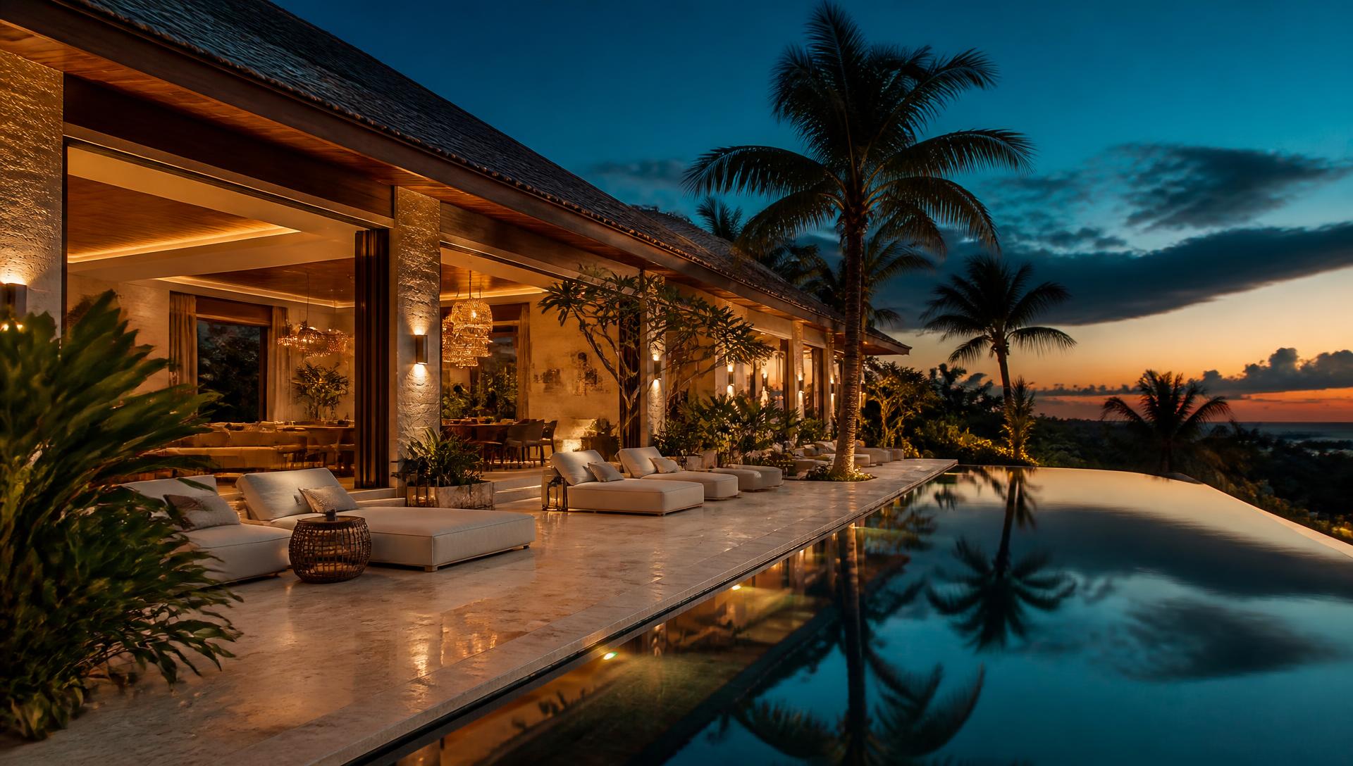 Terraza de villa en Casa de Campo al atardecer